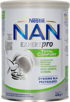 Biała puszka Nestle NAN EXPERTpro Total Comfort, formuła na kolki i zaparcia, widok z przodu.