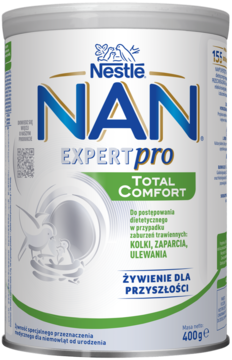 Puszka mleka modyfikowanego Nestlé NAN EXPERTpro Total Comfort 400g, na kolki, zaparcia, widok z przodu.