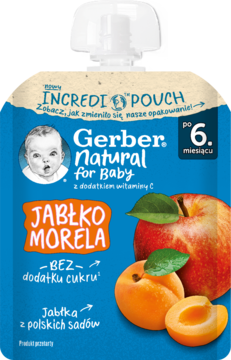 Gerber Natural Jabłko Morela, niebieska saszetka z owocami i witaminą C, dla niemowląt od 6 miesiąca, widok z przodu.