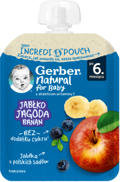 Niebieska saszetka Gerber Natural Jabłko Jagoda Banan, deserek owocowy dla niemowląt od 6 mies. bez cukru.