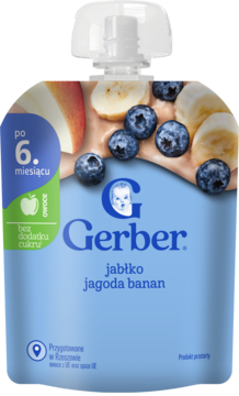 Niebieska tubka Gerber jabłko-jagoda-banan dla dzieci po 6. miesiącu, widok z przodu z grafiką świeżych owoców.