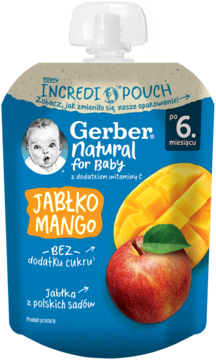 Gerber Natural mus jabłko mango w niebieskiej saszetce, widok z przodu, z obrazkami owoców i napisem "bez cukru".