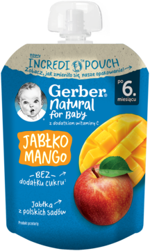 Gerber Natural mus jabłko mango w niebieskiej saszetce, widok z przodu, z obrazkami owoców i napisem "bez cukru".