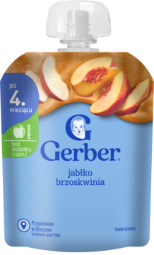 Gerber deserek jabłko brzoskwinia w niebieskiej saszetce, dla niemowląt po 4. miesiącu, widok z przodu.