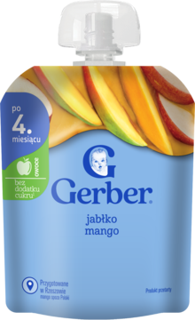 Niebieska saszetka Gerber jabłko mango, deserek dla niemowląt po 4. miesiącu, z logo i kawałkami owoców, widok z przodu.