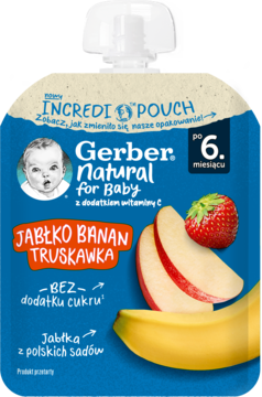 Przednia strona saszetki Gerber Natural: deserek jabłko, banan, truskawka dla dzieci 6m+, z ilustracją owoców.