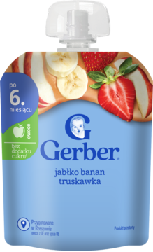 Błękitna saszetka Gerber: deserek jabłko banan truskawka, dla dzieci po 6 miesiącu, widok przodem.