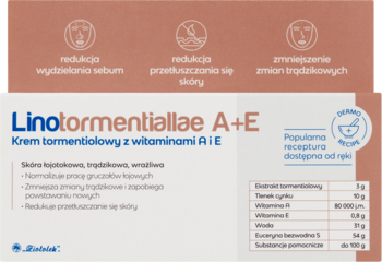 Beżowe pudełko kremu Lino tormentiallae A+E do skóry łojotokowej i trądzikowej, redukuje sebum, widok z przodu.