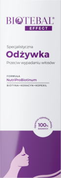 Biotebal Effect, specjalistyczna odżywka przeciw wypadaniu włosów. Biało-fioletowe opakowanie, widok z przodu z profilem kobiety.