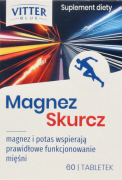Białe pudełko VITTER BLUE Magnez Skurcz, suplement diety, z grafiką biegnącego człowieka i dynamicznymi liniami.