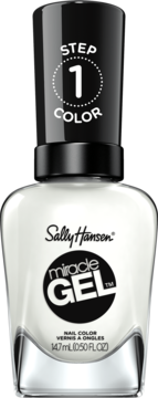 Biały lakier do paznokci Sally Hansen Miracle Gel, w przezroczystej butelce z czarną nakrętką, widok z przodu.
