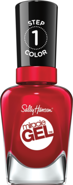 Czerwony lakier Sally Hansen Miracle Gel, butelka z czarną nakrętką "STEP 1", widok z przodu.