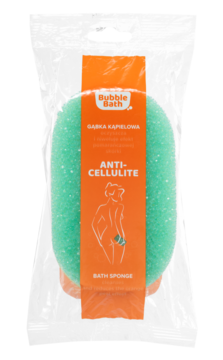 Zielono-pomarańczowa antycellulitowa gąbka do kąpieli w przezroczystym opakowaniu, widok z przodu.