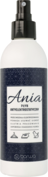 Biała butelka płynu antystatycznego Ania z czarnym atomizerem, widok z przodu na ciemnoniebieską etykietę.