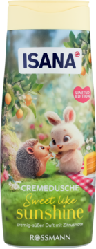 Żel pod prysznic Isana Sweet like sunshine, kremowo-słodki zapach cytrusów. Na butelce jeż i zając na łące.