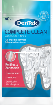 DenTek Complete Clean Zahnseide-Sticks, miętowe z fluorem, białe opakowanie foliowe, widok z przodu.