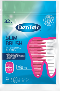 Opakowanie szczoteczek DenTek Slim Brush 32 szt., rozmiar 1, do ciasnych przestrzeni, Fresh Mint, widok z przodu.