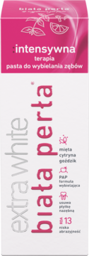 Biała Perła Intensywna Terapia pasta do wybielania zębów, biało-fuksjowe pudełko z ziołową grafiką.