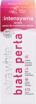 Biała Perła Intensywna Terapia Extra White, wybielająca pasta do zębów. Biała grafika z różowymi napisami, PAP+ i niska abrazyjność.