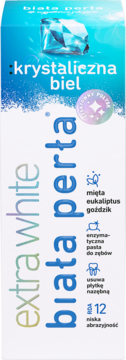 Biała Perła Krystaliczna Biel pasta do zębów, opakowanie z grafiką kryształu i napisem extra white, front.