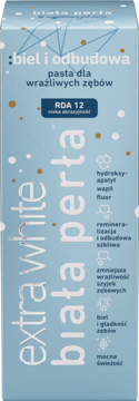 Pasta Biała Perła Extra White biel i odbudowa dla wrażliwych zębów, z fluorem i hydroksyapatytem, przód.
