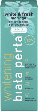 Turkusowa tubka pasty Biała Perła Whitening White & Fresh Moringa, widok z przodu, z białymi napisami i ikonami.