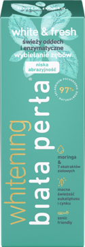 Biała Perła White & Fresh Moringa, enzymatyczna pasta do zębów, wybiela i odświeża, zielone opakowanie, widok z przodu.