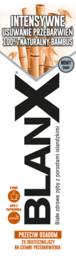 Białe opakowanie pasty BlanX Anty-Osad 100% Naturalny Bambus. Intensywne usuwanie przebarwień. Widok z przodu.