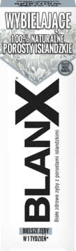 Biała pasta wybielająca Blanx z naturalnymi porostami islandzkimi, widok z przodu. Obiecuje bielsze zęby w tydzień.