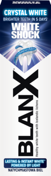 Front opakowania BlanX White Shock, pasta do zębów, napis "Crystal White", grafika zęba z pastą.