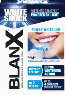 BlanX White Shock zestaw wybielający zęby, Powered by Light z lampą LED, przód opakowania.