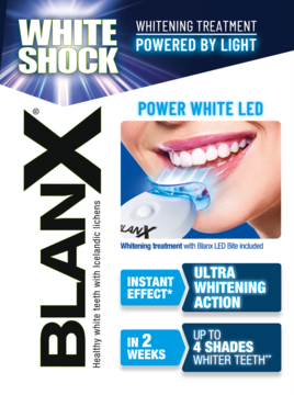 BlanX White Shock – intensywny system wybielający zęby z technologią LED, widok opakowania i uśmiechniętej kobiety.