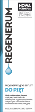 Regenerum regeneracyjne serum do pięt, białe opakowanie z niebieską kroplą i miodem, front.