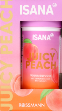 Różowo-pomarańczowy zestaw ISANA Juicy Peach z pudrem do włosów, widok pudełka z wycięciem.