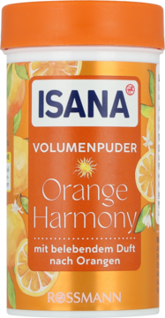 Isana Volumenpuder Orange Harmony, pomarańczowy pojemnik na włosy z grafiką pomarańczy, widok z przodu.