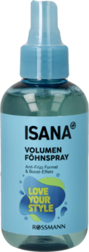 Jasnoniebieski spray do włosów Isana Volumen Föhnpray, Anti-Frizz & Boost-Effekt, widok z przodu.