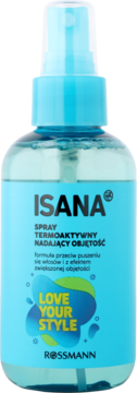 Isana spray termoaktywny zwiększający objętość włosów, niebieska butelka z pompką, front etykiety.