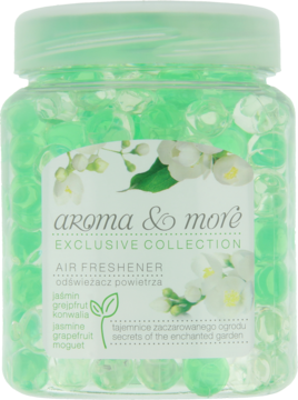 Odświeżacz powietrza Aroma & More, zielone perełki w przezroczystym słoiku, jaśmin-grejpfrut, widok z przodu.