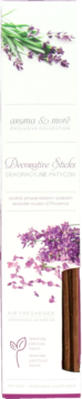 Aroma & More Decorative Sticks, lavender air freshener in white packaging, with purple flowers and a brown diffuser stick.