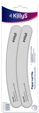 KillyS papierowe pilniki do paznokci, 2 szare zakrzywione w blistrze, gradacje 100/180, 120/240. Widok z przodu.