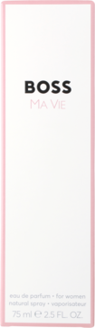 Białe pudełko perfum Boss Ma Vie 75ml EDP dla kobiet, z różowymi detalami i tekstem, widok z przodu.