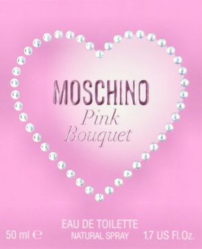 Różowe opakowanie wody toaletowej Moschino Pink Bouquet, z sercem z pereł i logiem Moschino.