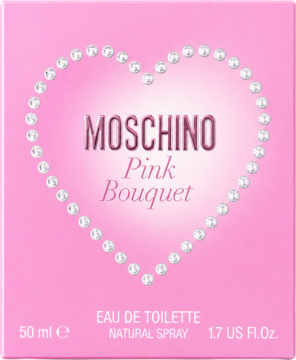 Moschino Pink Bouquet, różowa woda toaletowa dla kobiet, opakowanie z sercem z pereł, 50ml, widok z przodu.