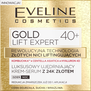 Złote i białe opakowanie Eveline Gold Lift Expert 40+ krem-serum z 24K złotem, widok z przodu.