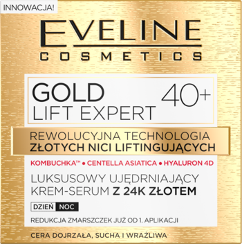 Eveline Gold Lift Expert 40+ ujędrniający krem-serum z 24K złotem, złoto-białe opakowanie, widok z przodu.