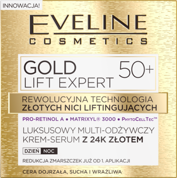 Luksusowy krem-serum Eveline Gold Lift Expert 50+ z 24K złotem w złotym pudełku, widok z przodu.