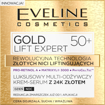 Opakowanie kremu-serum Eveline Gold Lift Expert 50+ z 24K złotem do cery dojrzałej, suchej i wrażliwej.
