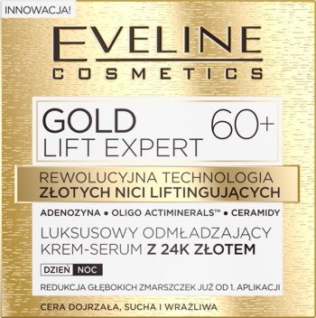 Złote opakowanie kremu Eveline Gold Lift Expert 60+, luksusowy odmładzający krem-serum z 24K złotem, widok z przodu.