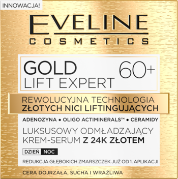 Złote pudełko Eveline Gold Lift Expert 60+ odmładzający krem-serum z 24K złotem, widok z przodu.