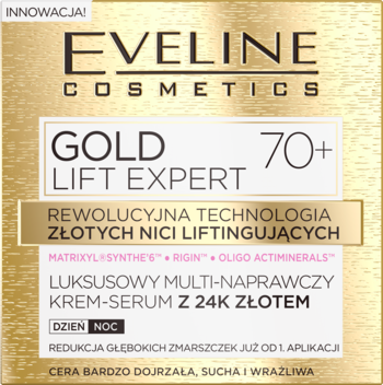 Eveline Cosmetics Gold Lift Expert 70+ krem-serum z 24K złotem, złoto-białe pudełko, widok z przodu.